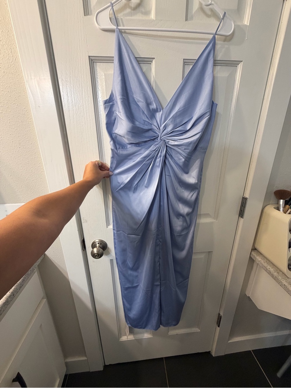 NWT Satin Twist-Front Slip Dress in Light Blue - Picture 3 of 7